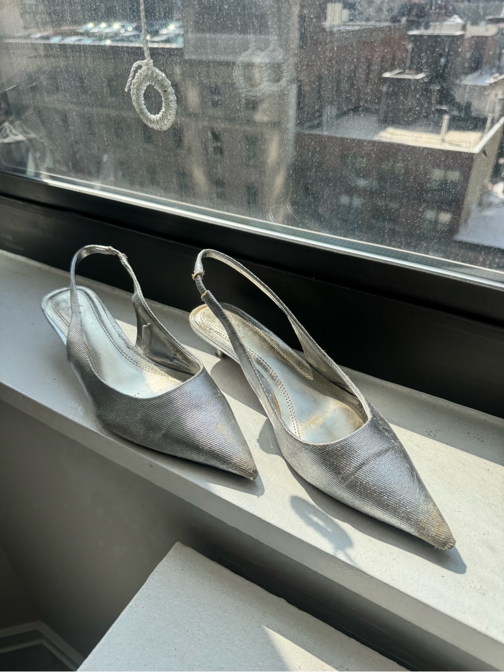 Zara Silver Pointed-Toe slingback kitten heels